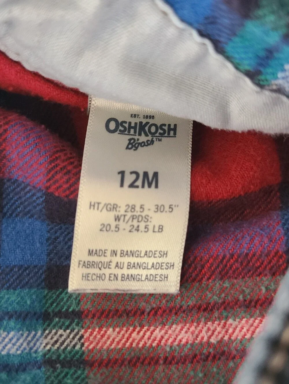 VTG Oshkosh B'gosh Vestbak Dark Denim 12 Mo Overalls Flannel Lined Plaid